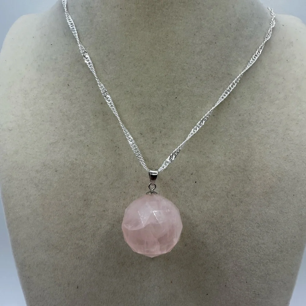 SOLD Rose Quartz 3D Round Pendant on Sterling Silver Chain - Picture 7 of 13